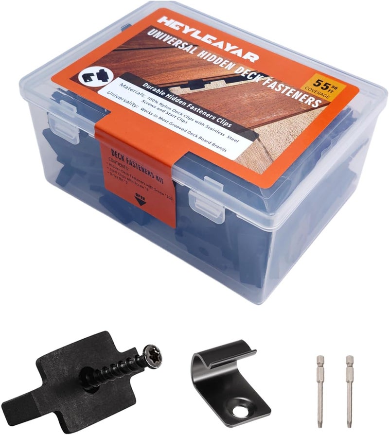 HEYLEAYAR Hidden Fastener Clips,Composite Decking Clips & Hidden Deck Fasteners with Universal 304 Stainless Steel Start Clips Kit for Composite Decking Board,Plastic T Clips 100 Per Box for 55 SQ.FT. - Image 1